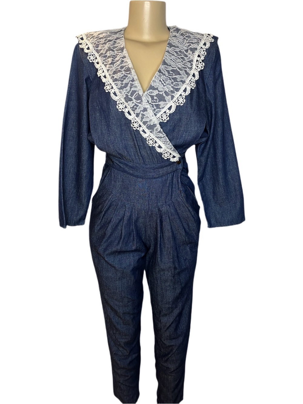 Vintage 80s My Michelle Denim Jumpsuit W/ Lace Collar